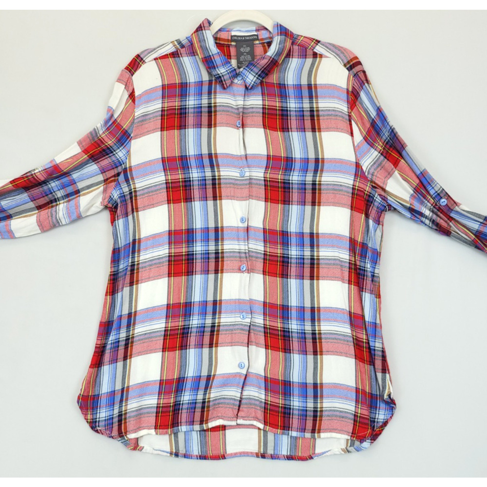 Chelsea & Theodore Plaid Button Up Shirt‎ Lightweight Flannel Women XL Red Blue